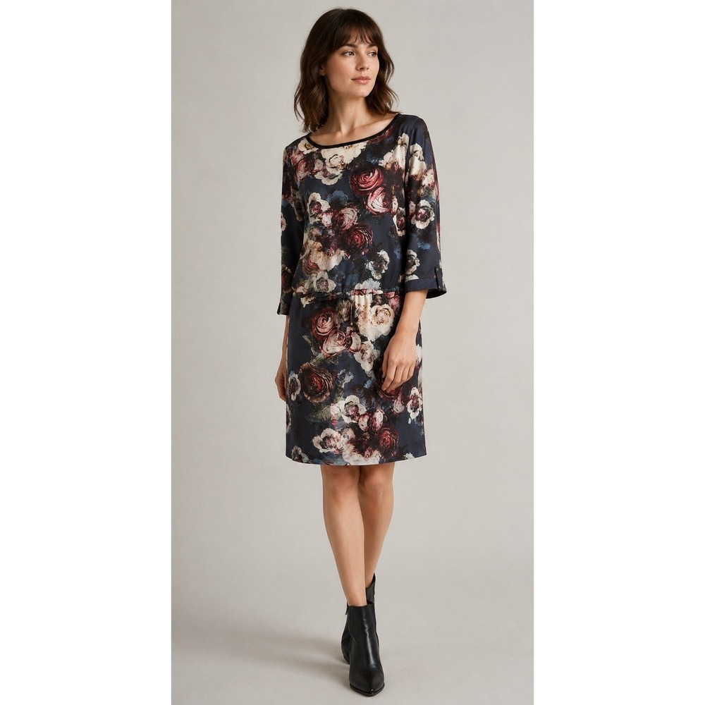 Club Monaco Floral Silk Shift Dress Women 00 Navy Drawstring Waist Whimsigoth